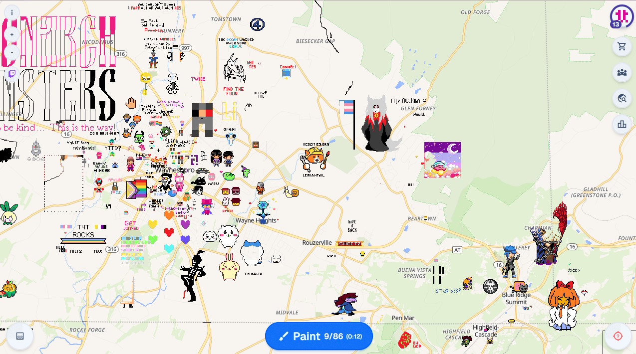 Pixel art of the Neo Cities mascot Penelope on w place dot live, surrounded by various other pixel art creations