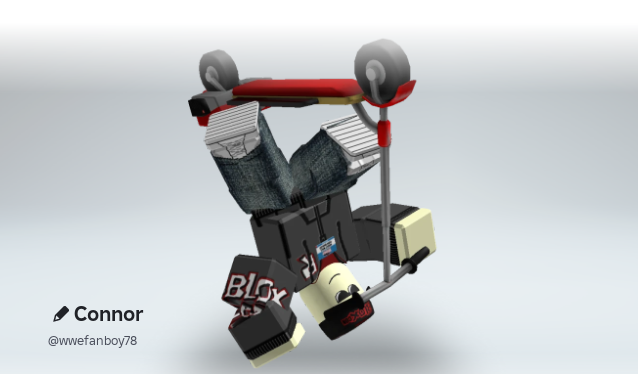 A Roblox Avatar in a still pose, appearing to be in the middle of doing a flip while riding a RoPed scooter. The avatar is wearing a grey hoodie, jeans, a hat with the words Blox Con written in red letters, sunglasses, and a Virtual Blox Con 2013 badge. In the bottom-left corner, the display name Connor and the username @wwefanboy78 can be seen.