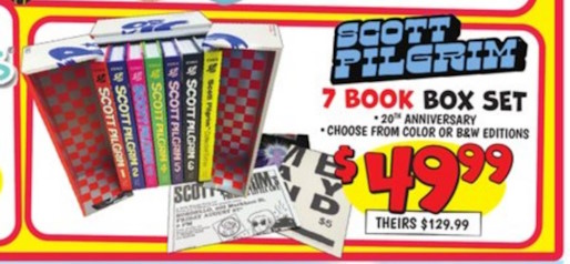 An advertisement from the Ollie's Bargain Outlet sales circular. It says Scott Pilgrim 7 Book Box Set, 20th Anniversary, Choose from Color or B and W editions. Their price $129.99, Our price $49.99. An image of an open box set of Scott Pilgrim books is shown to the left.